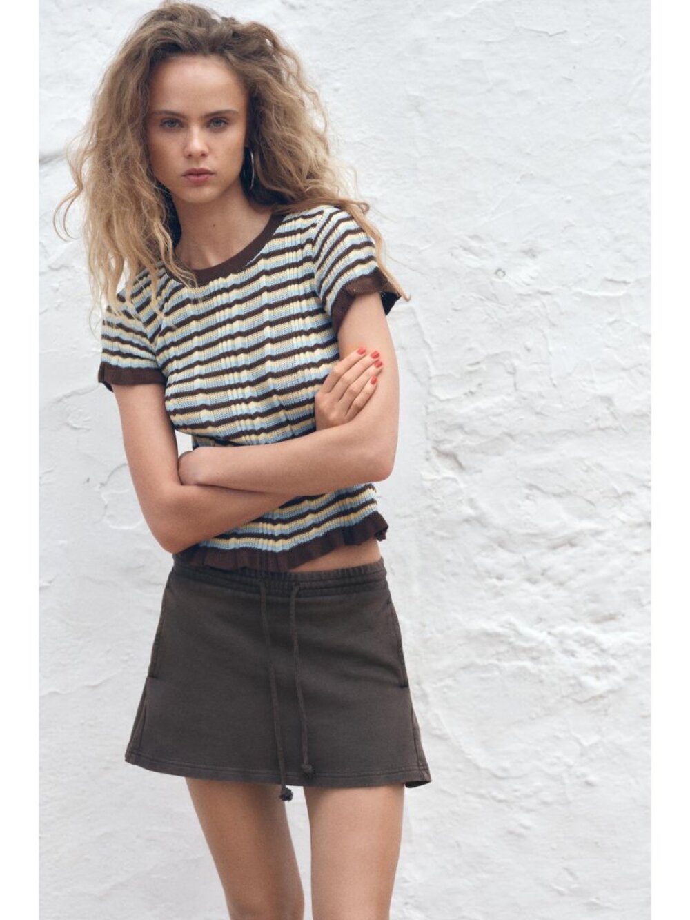 New ZARA Striped Knit T-Shirt Top with Ruffle Trims Women's Brown Size Medium M